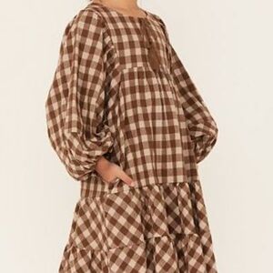 Hayden LA Girls' Brown Gingham Plaid Long Puff Sleeve Dress Girls L 10-12%
